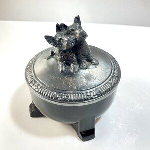 VTG Scottie Dog Trinket Box Jar Black Glass & Silver Plate Lid 1930s Rare
